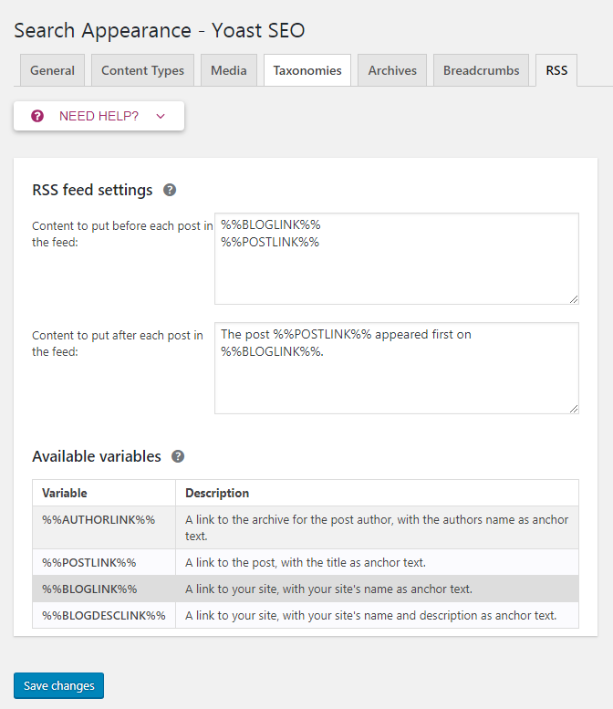RSS feed settings