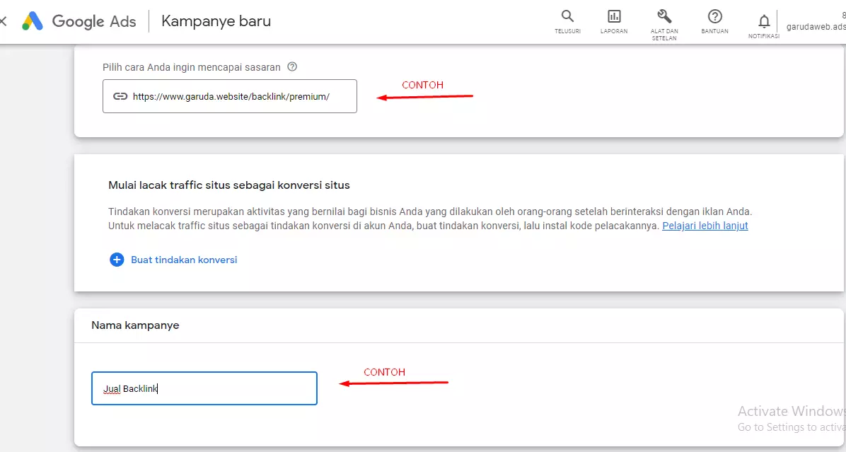 Pilih URL Landingpage