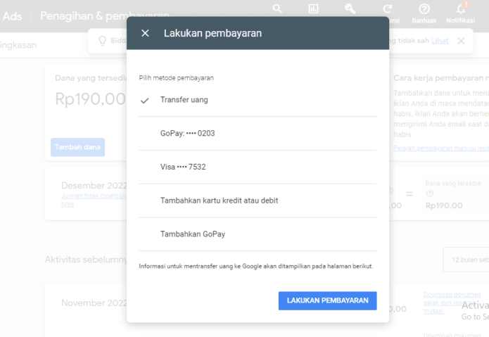 metode pembayaran google ads