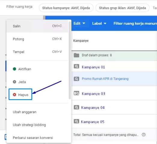 cara menghapus kampanye di google ads