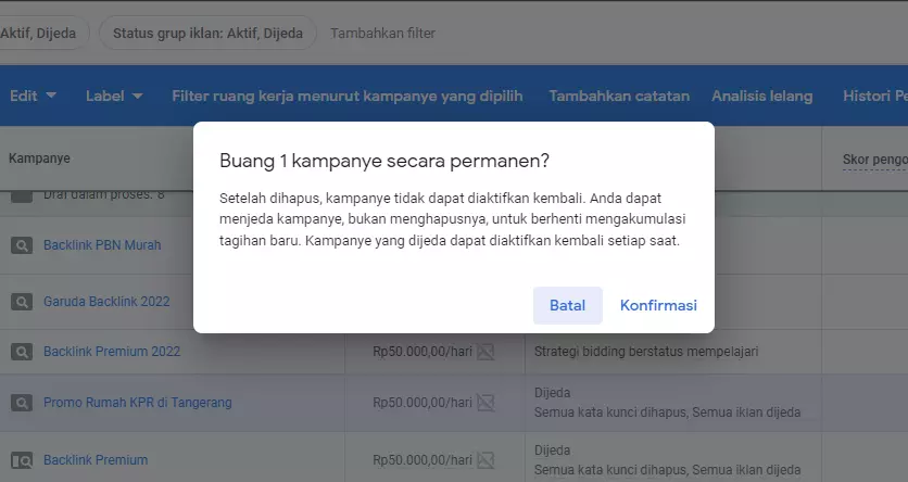 cara menghapus kampanye di google ads